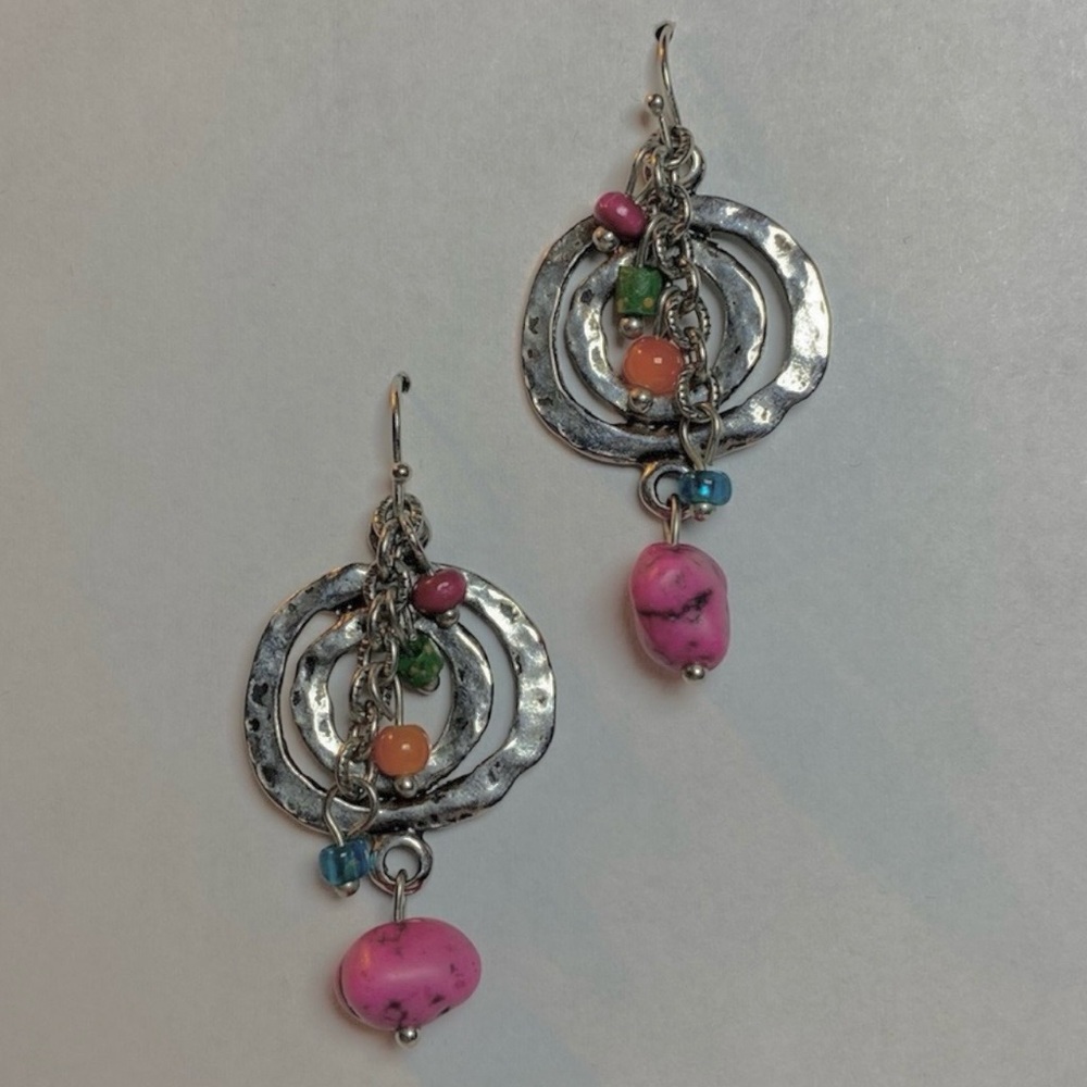 Hammered Silver Tone Drop Earrings with Multi-colored Beaded Accents